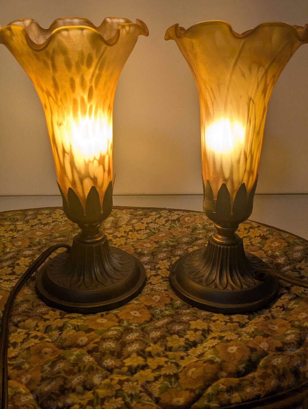 Vintage Amber Glass Pond Lily Tulip Trumpet Table Lamps